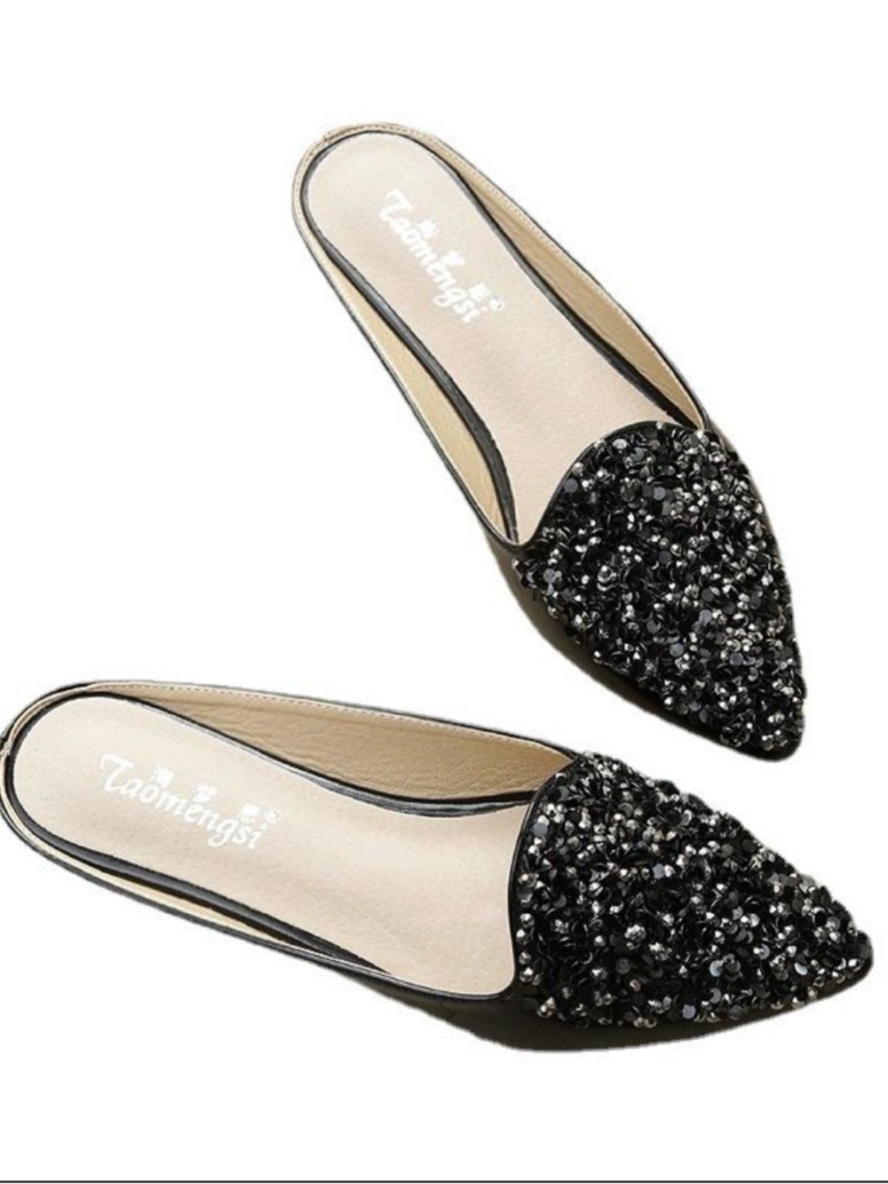Black Sequin Pointed Toe Slip-On Mules